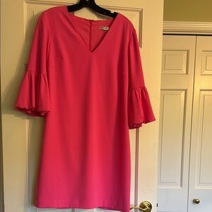 Trina Turk Pink Sheath Dress with V-Neck and Bell Sleeves